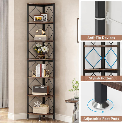Tribesigns 7 Tier Corner Shelf, 200 cm, Extra High Angle, Industrial Narrow Bookcase for Small Narrow Spaces, Corner Shelf, Wooden Stand, Storage Rack for Living Room, Kitchen, Home Office