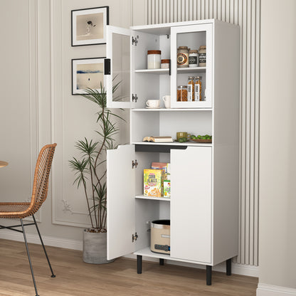 Boekenkast – Boekenrek – Opbergkast – Vakkenkast – Kast – Hoog Model – 4 Glazen Deuren – Verstelbaar Bovenblad – Gelakt MDF – Wit