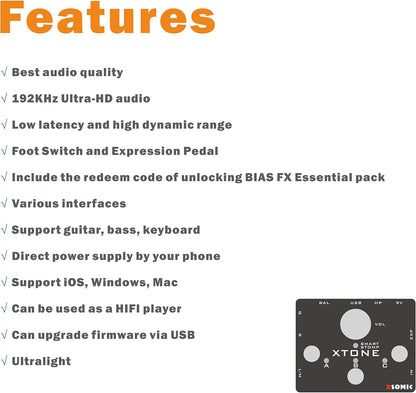 Mobiele Audio-Interface Voor Gitaar – Gitaar Interface – USB Audio Interface – Geluidskaart – Opname Interface – Ultralage Latentie – 192 KHz, 24 Bit, 108 dB En Ondersteuning Voor iOS, Windows En Mac