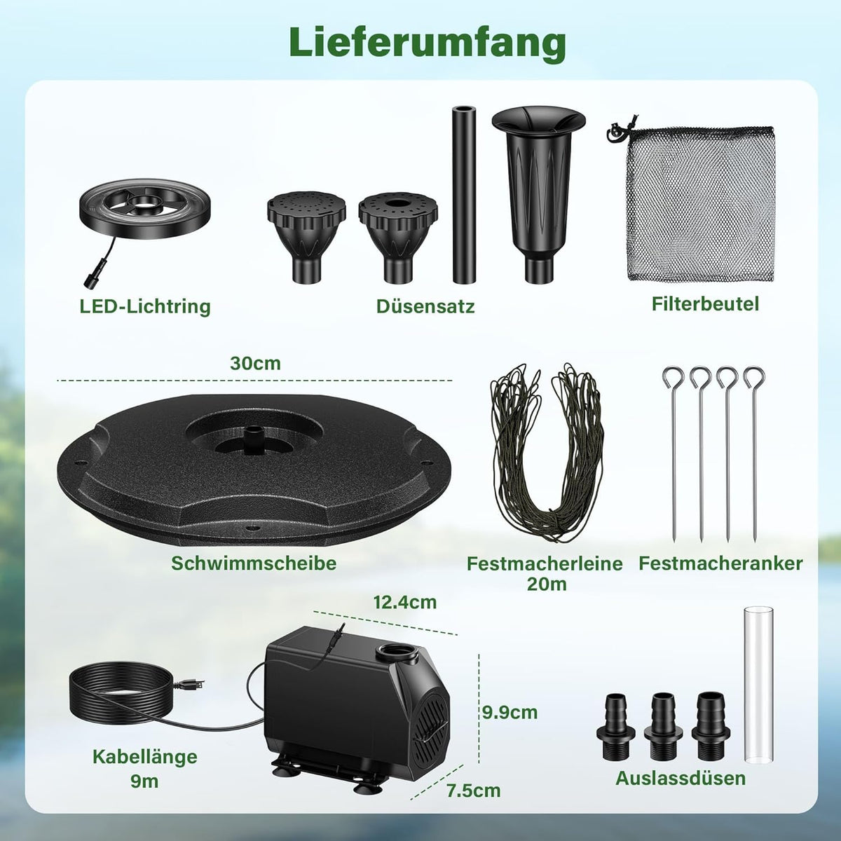 Biling Drijvende fontein met ledverlichting voor grote tuinvijver, vijverfontein met 2500 l/h pomp, 9 m kabel met EU-stekker, waterspel met 3 fonteinmodi (vorstbestendig)