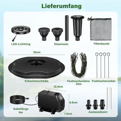 Biling Drijvende fontein met ledverlichting voor grote tuinvijver, vijverfontein met 2500 l/h pomp, 9 m kabel met EU-stekker, waterspel met 3 fonteinmodi (vorstbestendig)