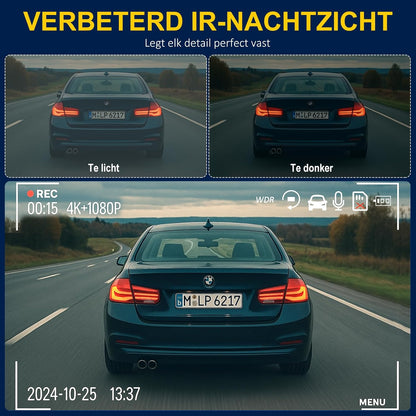 Dash Cam voor en achter binnen, 3-kanaals dashcam voor auto, 5G WiFi autocamera met 64 GB SD-kaart, 4K+1080P+1080P Triple Lens Dash Camera
