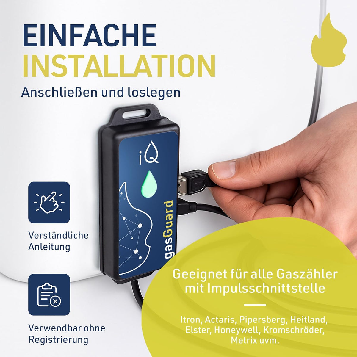 iQ gasGuard - Slimme gasmeter incl. impulsinterface met alarmfunctie & WLAN - digitale bewaking van gasverbruik en kosten - gasverbruikmeter & meetinstrument met wifi voor smartphone & desktop