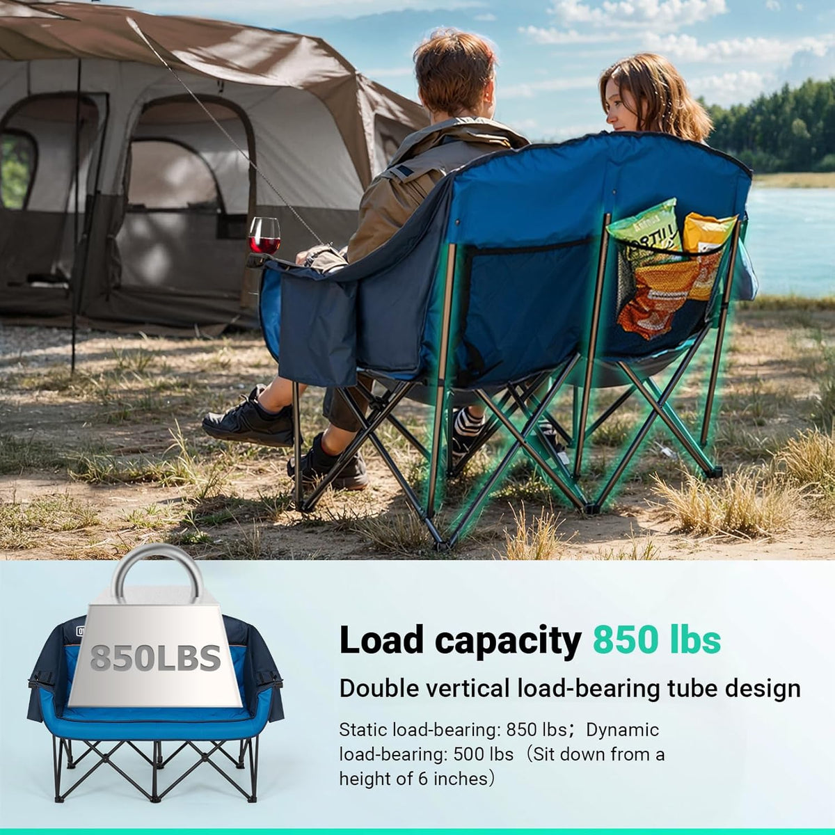 Overmont Extra grote dubbele campingstoel - 2-persoons comfortabele bankstoel Loveseat voor volwassenen - zware gazonstoelen met koeltas en wijnrekken - ondersteuning 800 lbs