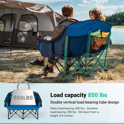 Overmont Extra grote dubbele campingstoel - 2-persoons comfortabele bankstoel Loveseat voor volwassenen - zware gazonstoelen met koeltas en wijnrekken - ondersteuning 800 lbs