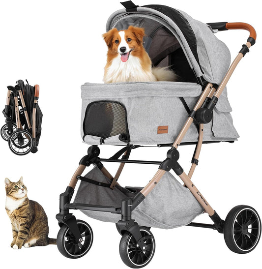 EchoSmile Opvouwbare hondenwagen, hondenbuggy tot 20 kg, voor kleine middelgrote honden en katten, hondenbuggy en kattenwagen met omkeerbare handgreep, schokdemping en afneembaar wasbaar pad, grijs
