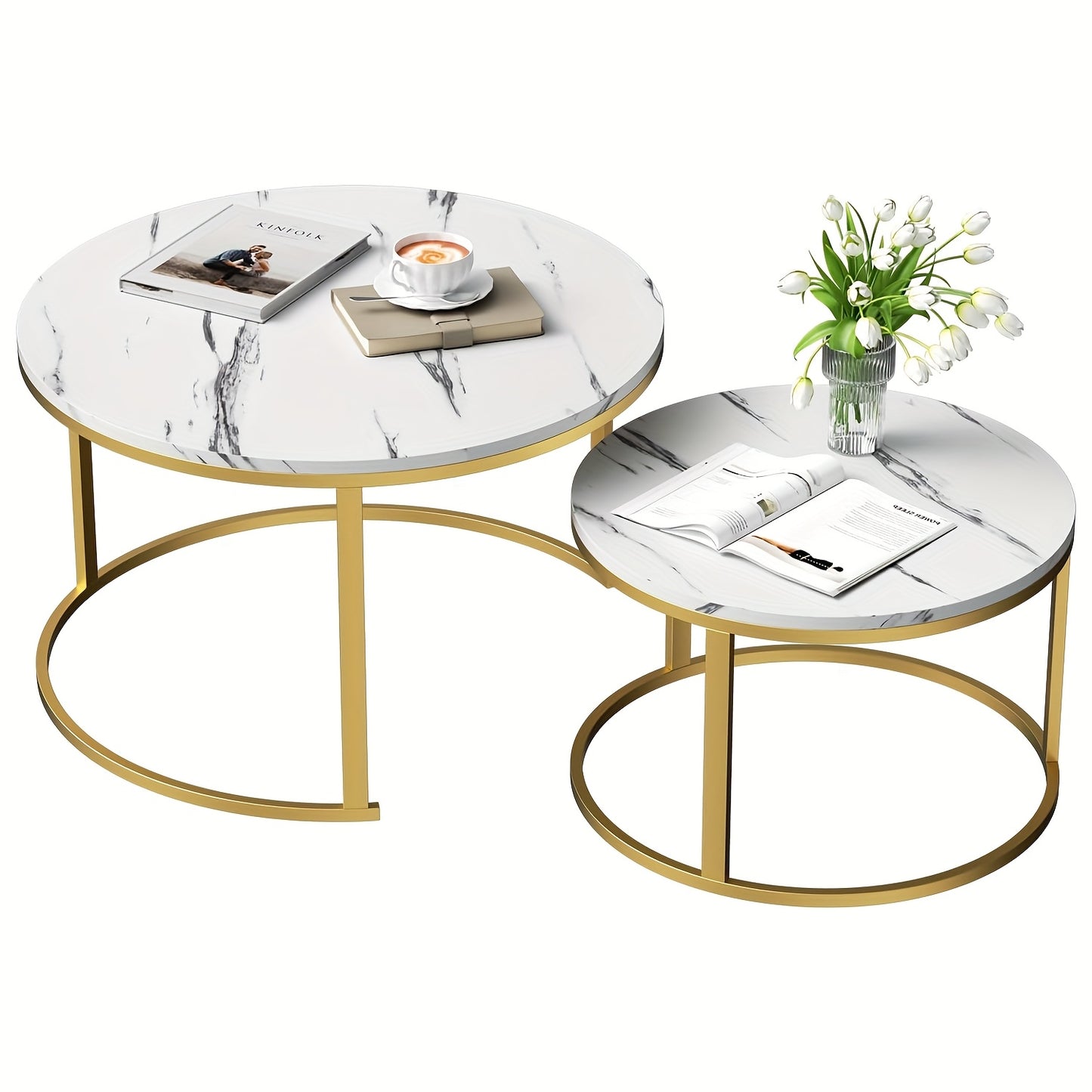 Ronde Bijzettafels – Salontafel – Side Table – Tafel Set – Woonkamertafel – Gouden Accenten – Kunststeen Marmerlook – Ø 80 + 60 cm – Modern Design