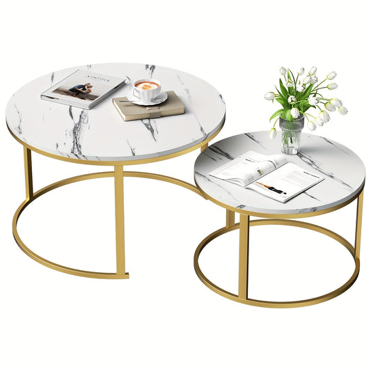 Ronde Bijzettafels – Salontafel – Side Table – Tafel Set – Woonkamertafel – Gouden Accenten – Kunststeen Marmerlook – Ø 80 + 60 cm – Modern Design