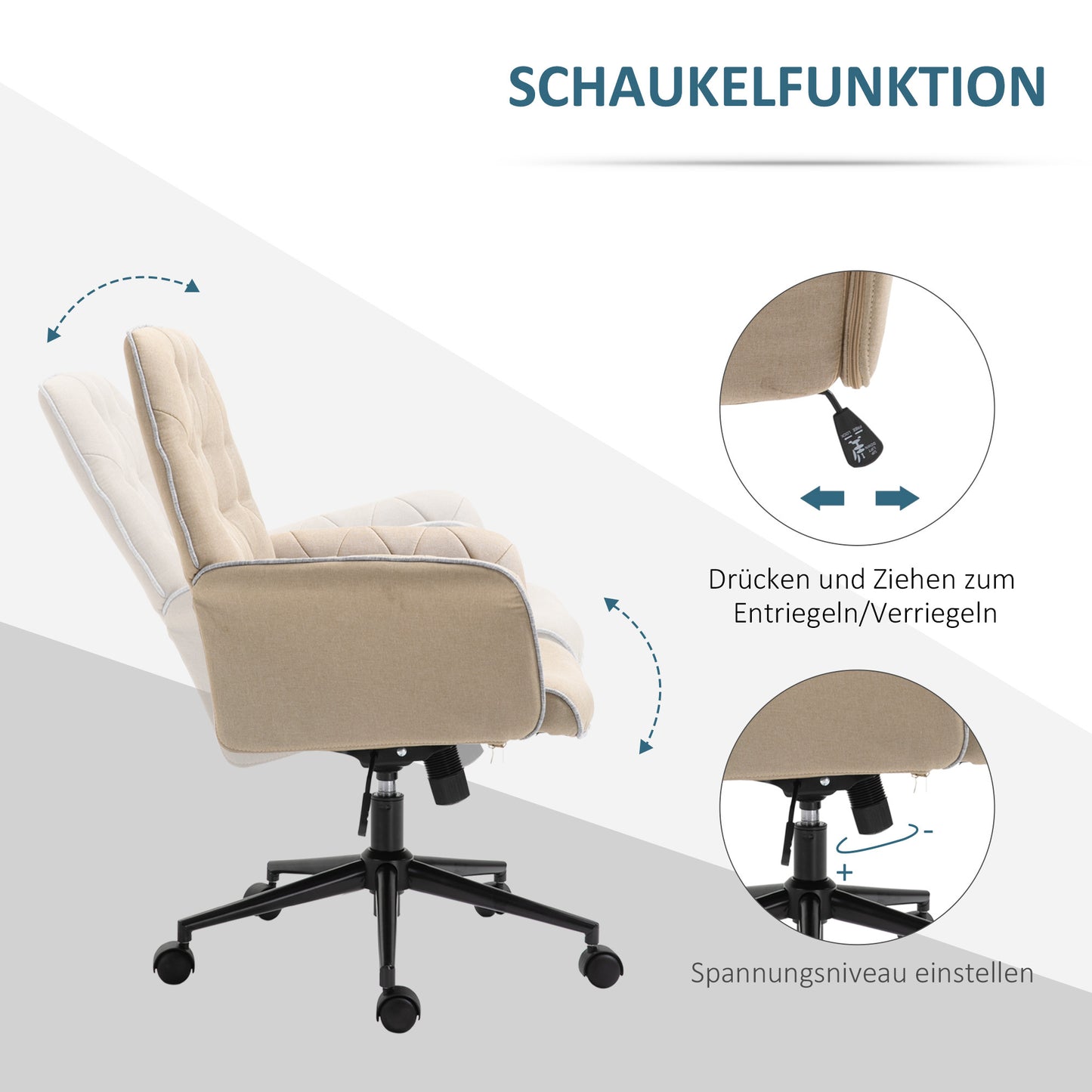 Bureaustoel – Office Chair – Kantoorstoel – Draaistoel – Bureaustoel – Verstelbare Hoogte – Kantelfunctie – Linnenstof – 360° Wieltjes – Beige – 66 x 69 x 89,5-97 cm