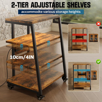 HIFI Stand platenspeler standaard, 4-laags houten planken met stekkerdozen, LED-verlichting, wielen, in hoogte verstelbare AV-media-opslag audiorek toren voor draaitafel/printer/Sky Box/TV