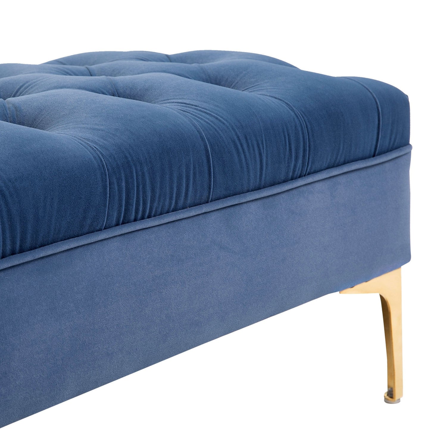 Opgevulde Opbergbank – Slaapkamerbank – Poef – Bedbank – Zitbank – Blauw Fluwelen Bekleding – Gouden Metalen Poten – Compact 118x45x42 cm – Hoog Comfort