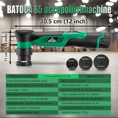 BATOCA S5 Snoerloze Auto Polijstmachine Mini Polijstmachine met 2 12V 2.0Ah Batterijen Roterende & Orbitale Auto Polijstmachine 25mm/50mm/75mm Polijstpads 6 Snelheden 2000-5500RPM voor Auto Detailing