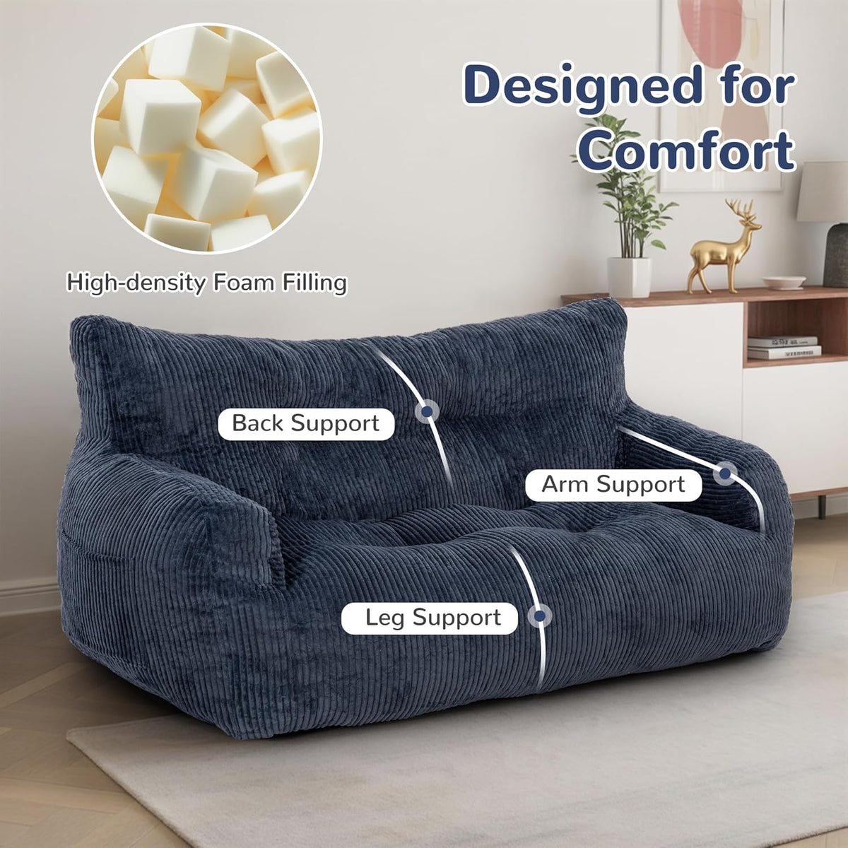 Pamapic Zitzak voor volwassenen met vulling, dubbele woonkamerstoel met draagbare handgreep, ergonomisch, modern, voor woonkamer, slaapkamer, speelkamer, blauw
