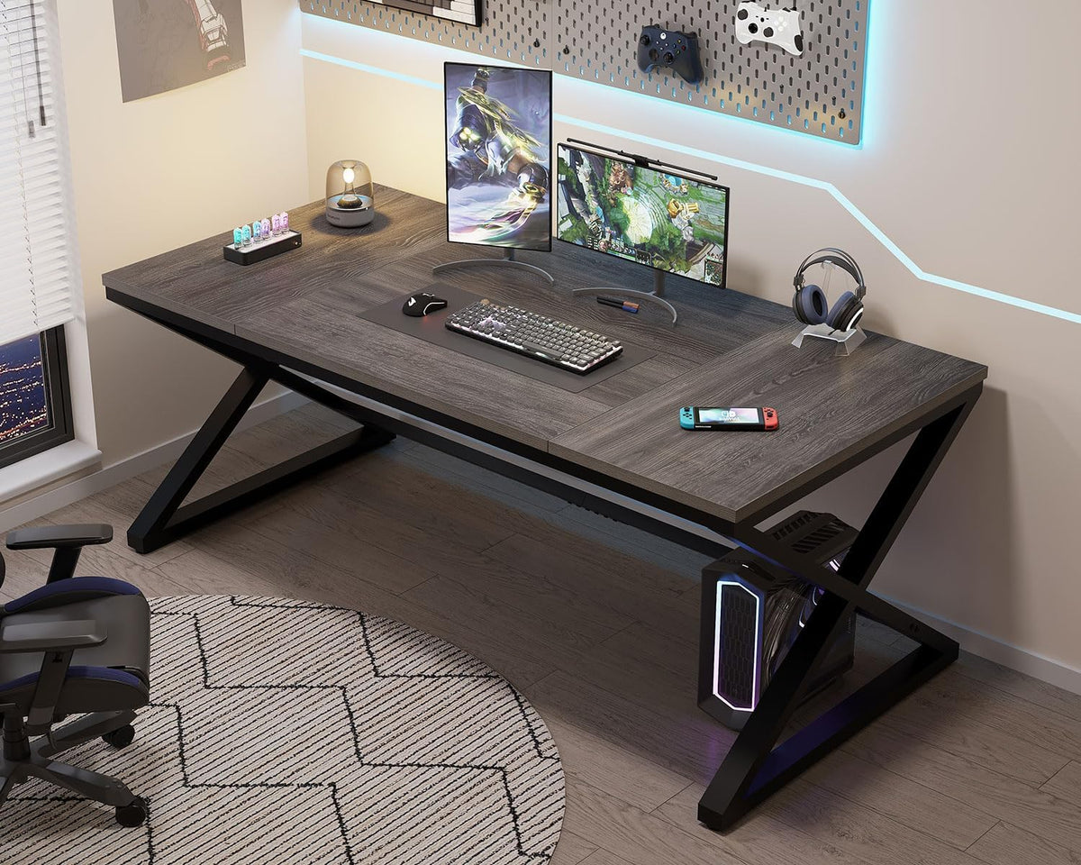 LVB Rustiek Groot Bureau voor Thuiskantoor, 70.8" LW Computerbureau, Houten Metalen Werktafel voor Studie Schrijven Gamen, Boerderij Dual Monitor Workstation Executive Computer Desk, Donker