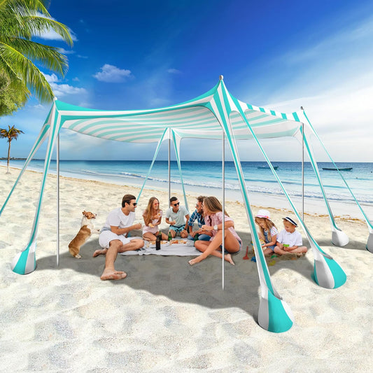 Rhino Valley Beach Tent, 10 x 10 FT Beach Shade UPF50+ Protection, Beach Canopy with 8 Sandbags 4 Stability Poles, Outdoor Beach Tent Sun Shelter Umbrella for Sand, Camping, Fishing,Mint Green Stripes