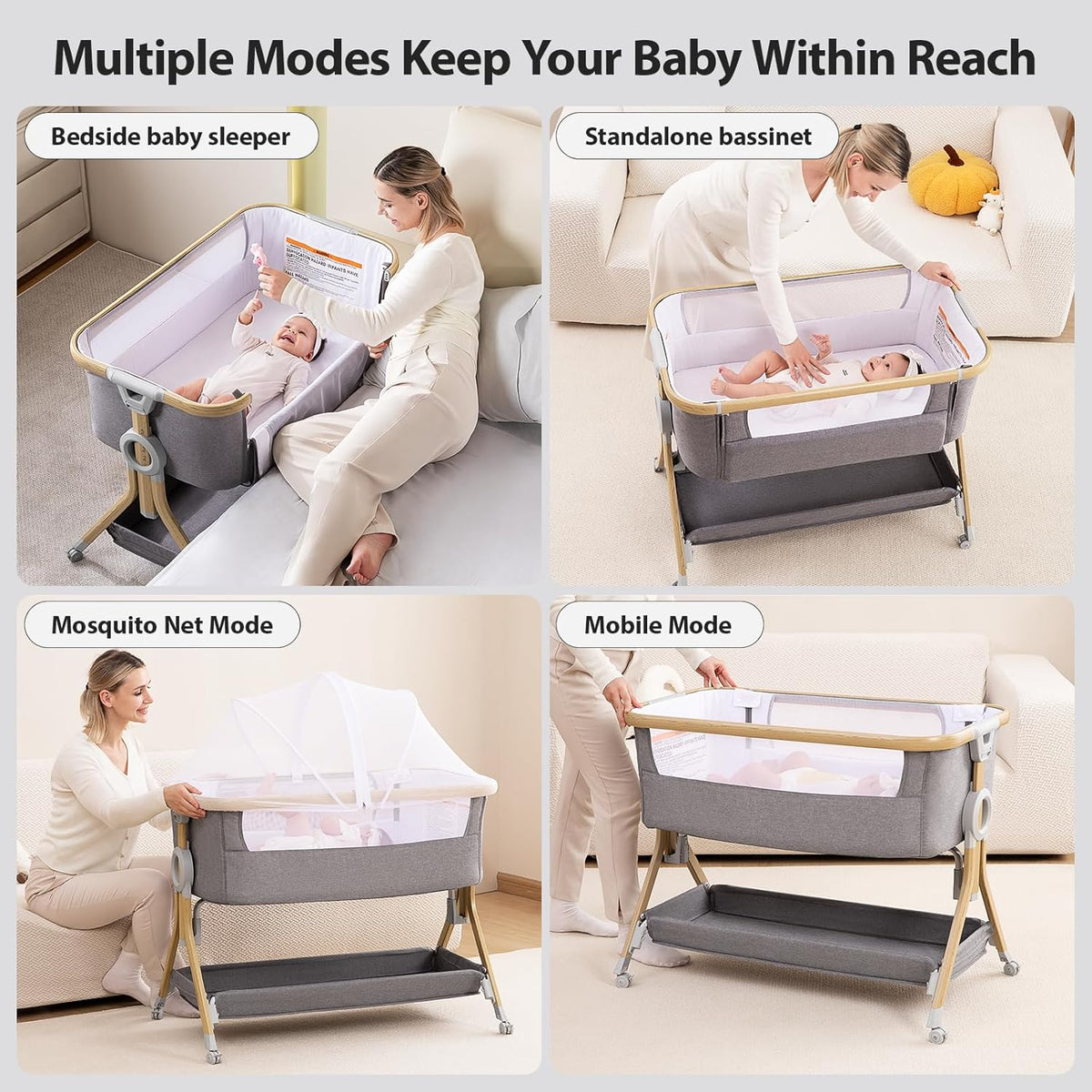 Larex Bijzetbed voor baby's, 3-in-1 babybed met muggennet, opbergtas en mand, in hoogte verstelbaar 5-traps babybed, 4 wielen met rem, ademend matras en mesh (donkergrijs)