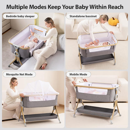 Larex Bijzetbed voor baby's, 3-in-1 babybed met muggennet, opbergtas en mand, in hoogte verstelbaar 5-traps babybed, 4 wielen met rem, ademend matras en mesh (donkergrijs)