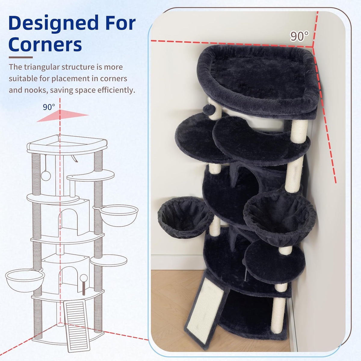 Corner Cat Tree for Indoor Cats, Cat Tower with All Sisal Scratching Posts, Multi-level Cat Condo wth 2 Large Cat Caves, Big Top Perch, 2 Hanging Baskets, Sisal Ramp, Drak Gray GCT035G