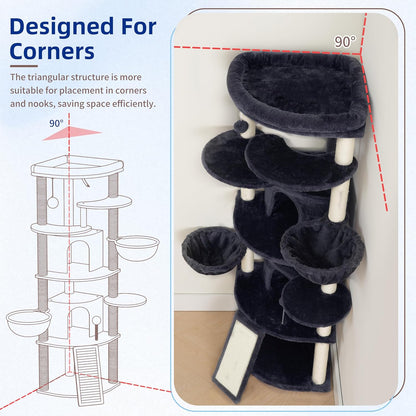 Corner Cat Tree for Indoor Cats, Cat Tower with All Sisal Scratching Posts, Multi-level Cat Condo wth 2 Large Cat Caves, Big Top Perch, 2 Hanging Baskets, Sisal Ramp, Drak Gray GCT035G