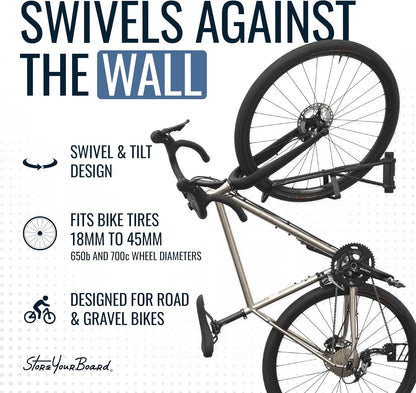 StoreYourBoard SwivelStow Road & Gravel fietsenstalling, 2-pack, geen lift draaibare fiets wandmontage, zware garage fietsenrek, patent aangevraagd