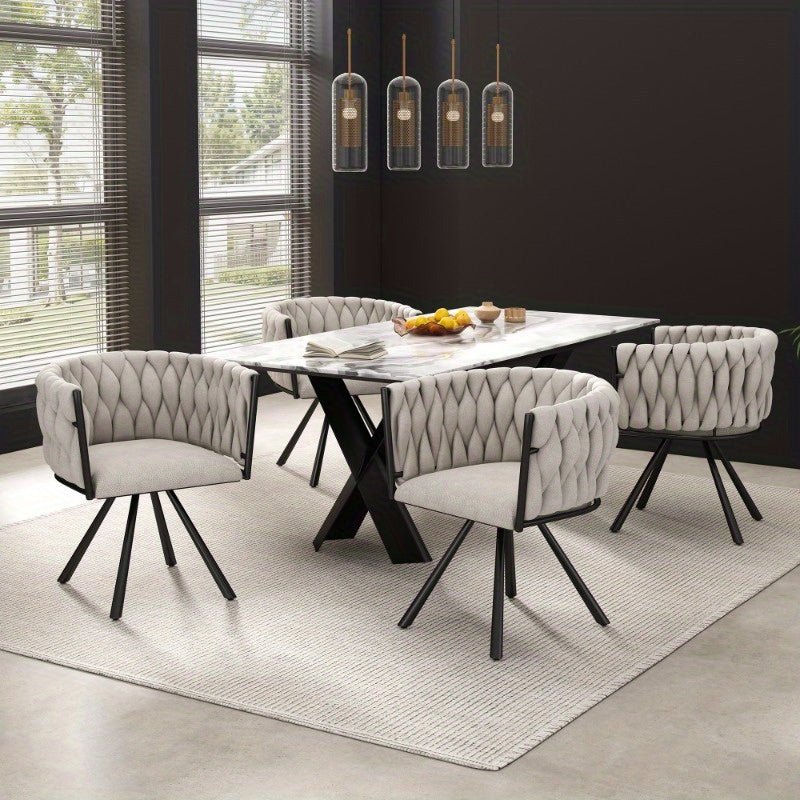 Eetkamerstoel – Bureaustoel – Draaifauteuil – Stoelenset – Linnen Bekleding – Licht Beige – Zwarte Metalen Poten – Draaibaar – Compact Formaat