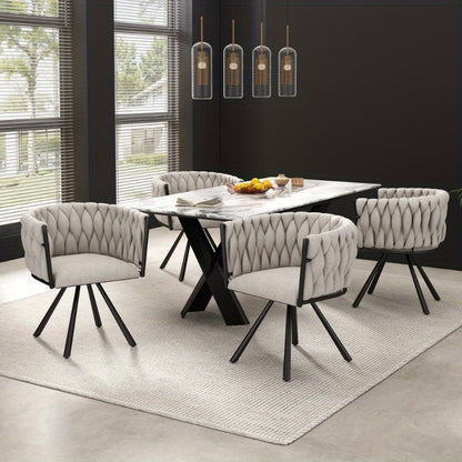 Eetkamerstoel – Bureaustoel – Draaifauteuil – Stoelenset – Linnen Bekleding – Licht Beige – Zwarte Metalen Poten – Draaibaar – Compact Formaat