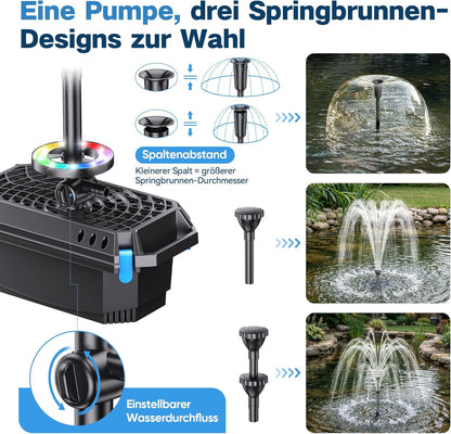 Biling Vijverfilter met uv-zuiveraar en RGB-verlichting, 40 W, 2500 l/u, vijverpomp, pomp met 3 fonteinen, stille vijverfilterpomp voor maximaal 3000 liter tuinvijvers, siervisvijvers, kikkers