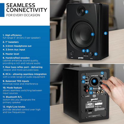 Gemini Sound SMX-5BT 5 inch studiomonitorluidsprekers met Bluetooth - 200 W piekvermogen, TRS/RCA/Aux-ingangen, akoestische afstemming, actief/passief paar voor thuisstudio, DJ en muziekproductie