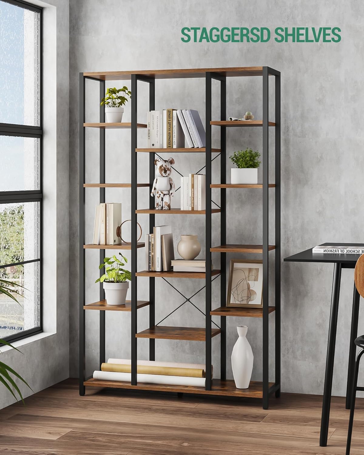 Hzuaneri Bookshelf, 6 Tier Bookcase with 15 Open Shelves, Adjustable Storage Cabinet for Living Room and Home Office, 30 x 100 x 170 cm, Rustic Brown and Black, BC15001B