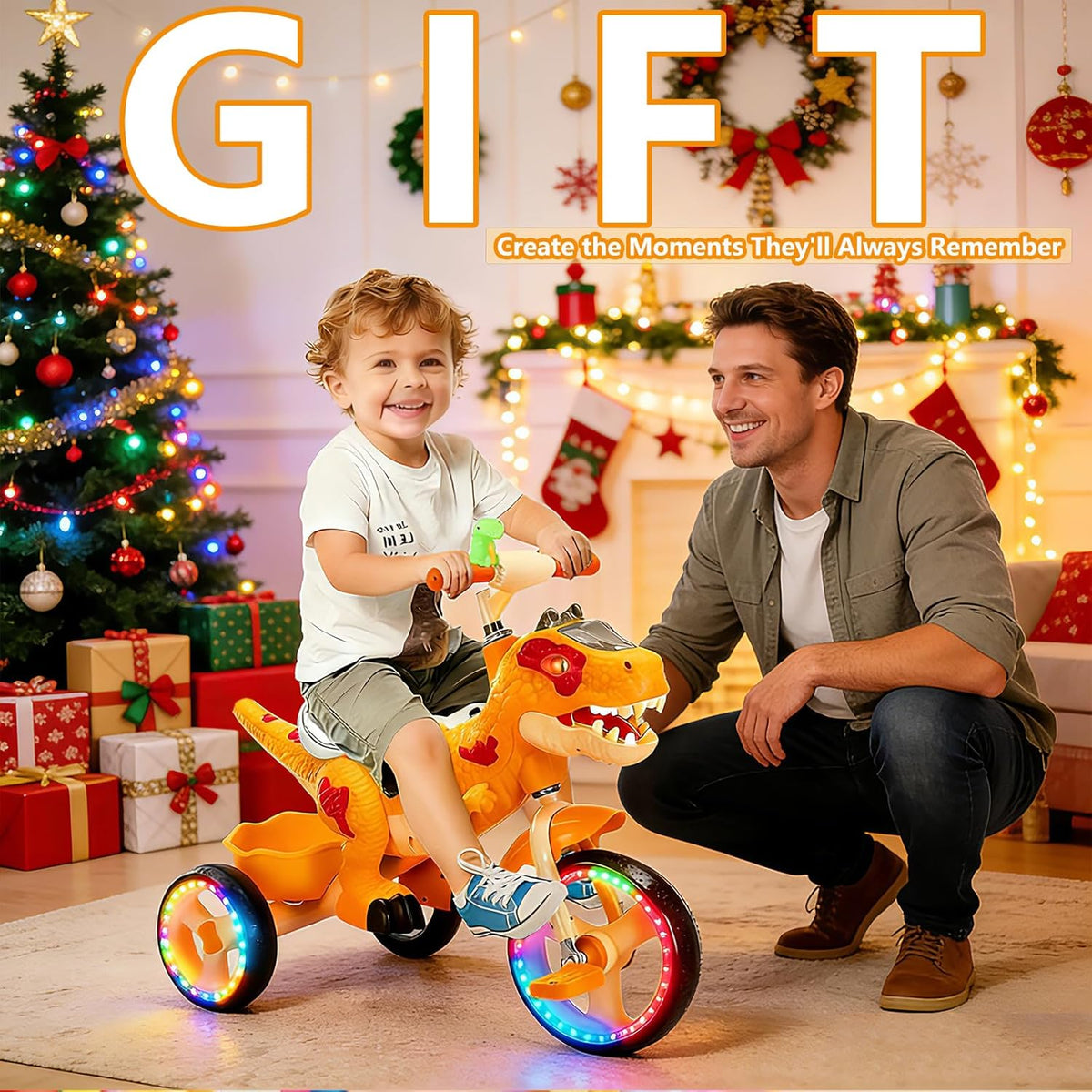 NMM Rolfiets, driewieler, driewieler vanaf 2 jaar, dinosaurusspeelgoed met muziek, lichten en claxon voor kinderen, fiets met wielen vanaf 2, 3, 4, 5, 6, 7, 8 jaar (fiets oranje licht)