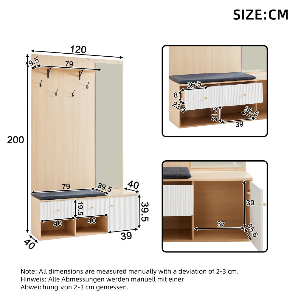 Halmeubel – Kapstok – Schoenenkast – Garderobekast – Schoenenbank – Met Spiegel – Gepolsterde Zitbank – Multifunctioneel Opbergmeubel 120x40x200 cm