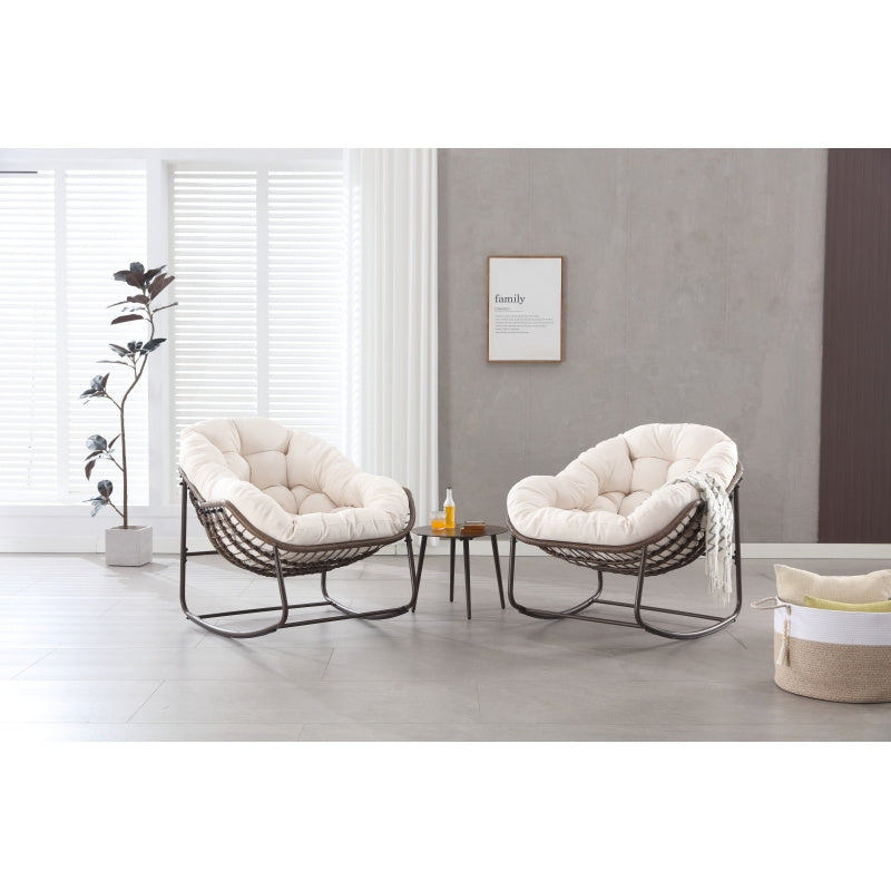 Schommelstoel – Relaxstoel – Fauteuil – Loungestoel – Tuinstoel – Oversized Ei-Vorm – 15,24 cm Dikke Kussen – Poedergecoat Stalen Frame & Handgevlochten Wit Rattan