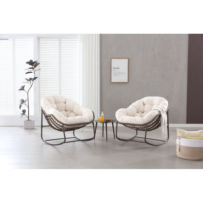 Schommelstoel – Relaxstoel – Fauteuil – Loungestoel – Tuinstoel – Oversized Ei-Vorm – 15,24 cm Dikke Kussen – Poedergecoat Stalen Frame & Handgevlochten Wit Rattan