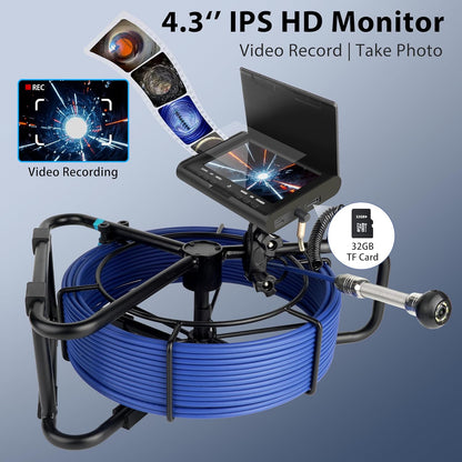 KAOLALI 30M Pijpcamera, 4,3 inch endoscoop met HD 1080P camera, 6 LED-verlichting, IP68 waterdicht, blauw, 32 GB SD-kaart, 5000mAh batterij
