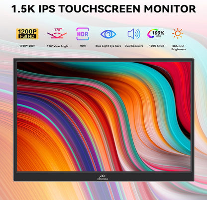 TouchScreen Draagbare monitor, Kenowa 14 inch draagbare monitor, IPS-scherm, PC 16:10 FHD, 1920 x 1200p, extern display met USB-C, HDMI voor laptop/computer/Mac/Raspberry pi/Xbox/PS3/PS4/Switch