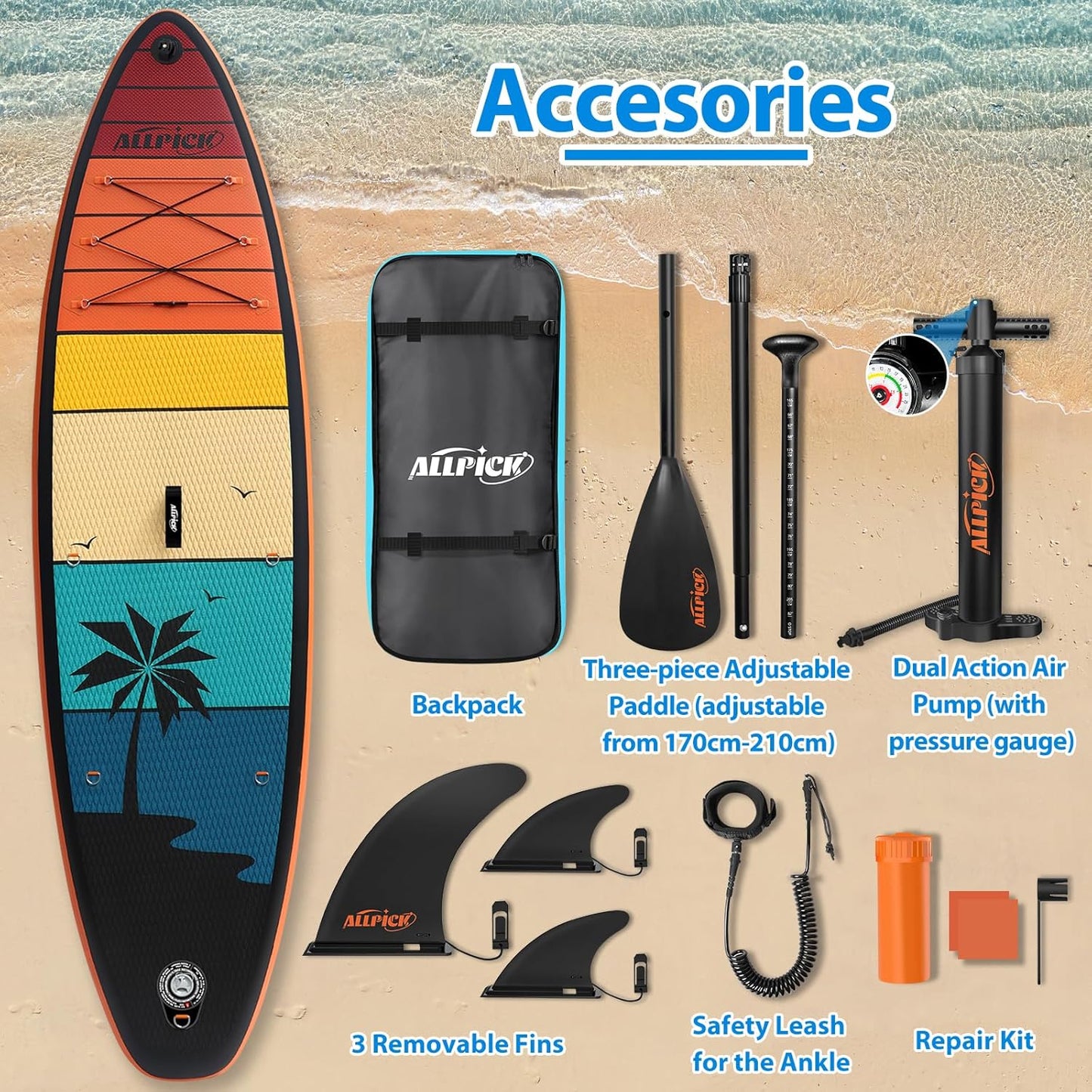 ALLPICK Stand Up Paddle Board, Opblaasbaar Paddleboard, Met Universele Camerabevestiging, Complete Accessoires, Verstelbare Peddel, Geschikt Voor Beginners en Gevorderde Peddelaars, 200 kg