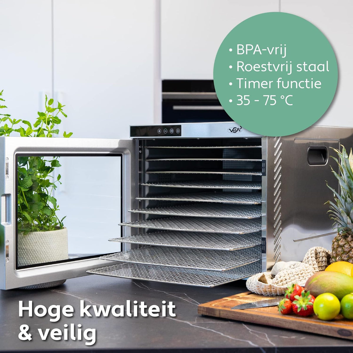 Vita5 Voedseldroger van roestvrij staal met 10 trays - Voedseldroger voor vlees. fruit. groenten en champignons - 24-uurs timer en instelbare temperatuur 35-75°C - 1000W