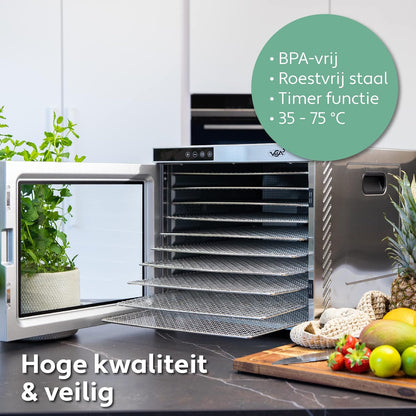 Vita5 Voedseldroger van roestvrij staal met 10 trays - Voedseldroger voor vlees. fruit. groenten en champignons - 24-uurs timer en instelbare temperatuur 35-75°C - 1000W