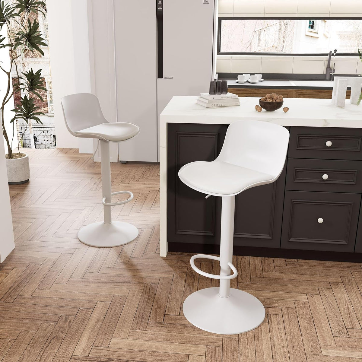 YOUNIKE Barkruk set van 2 wit, in hoogte verstelbare draaibare barstoel met rugleuning, hoge barstoelen als keukenstoel, toonstoel, praktische barkruk voor toonbank, keuken eetkamer