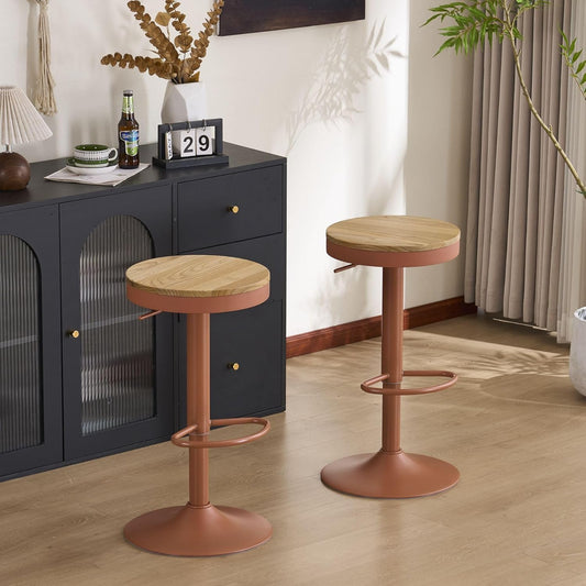 YOUNIKE Barkruk, set van 2, hout, in hoogte verstelbaar, draaibaar, barkruk, keukenkruk, hoogte barstoelen met voetensteun, voor bar, keuken, draaikruk van massief metaal, terracotta