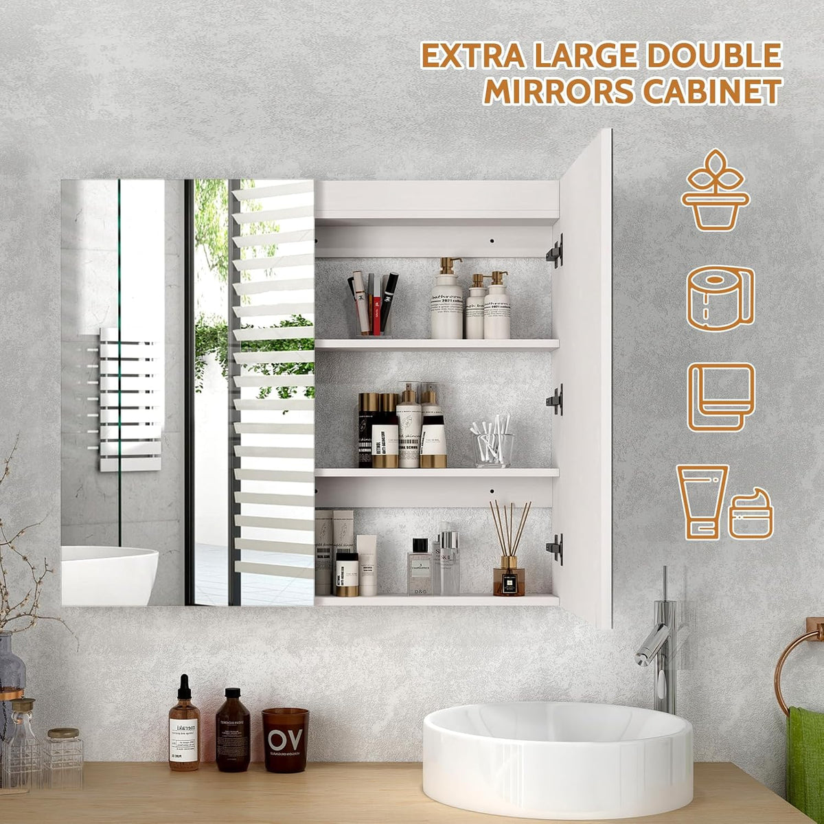 Badkamerkast – Wandkast – Spiegelkast – Medicijnkast – Opbergkast – Dubbele Spiegeldeuren – Extra Groot 90x80x13 cm – Wit Minimalistisch Design