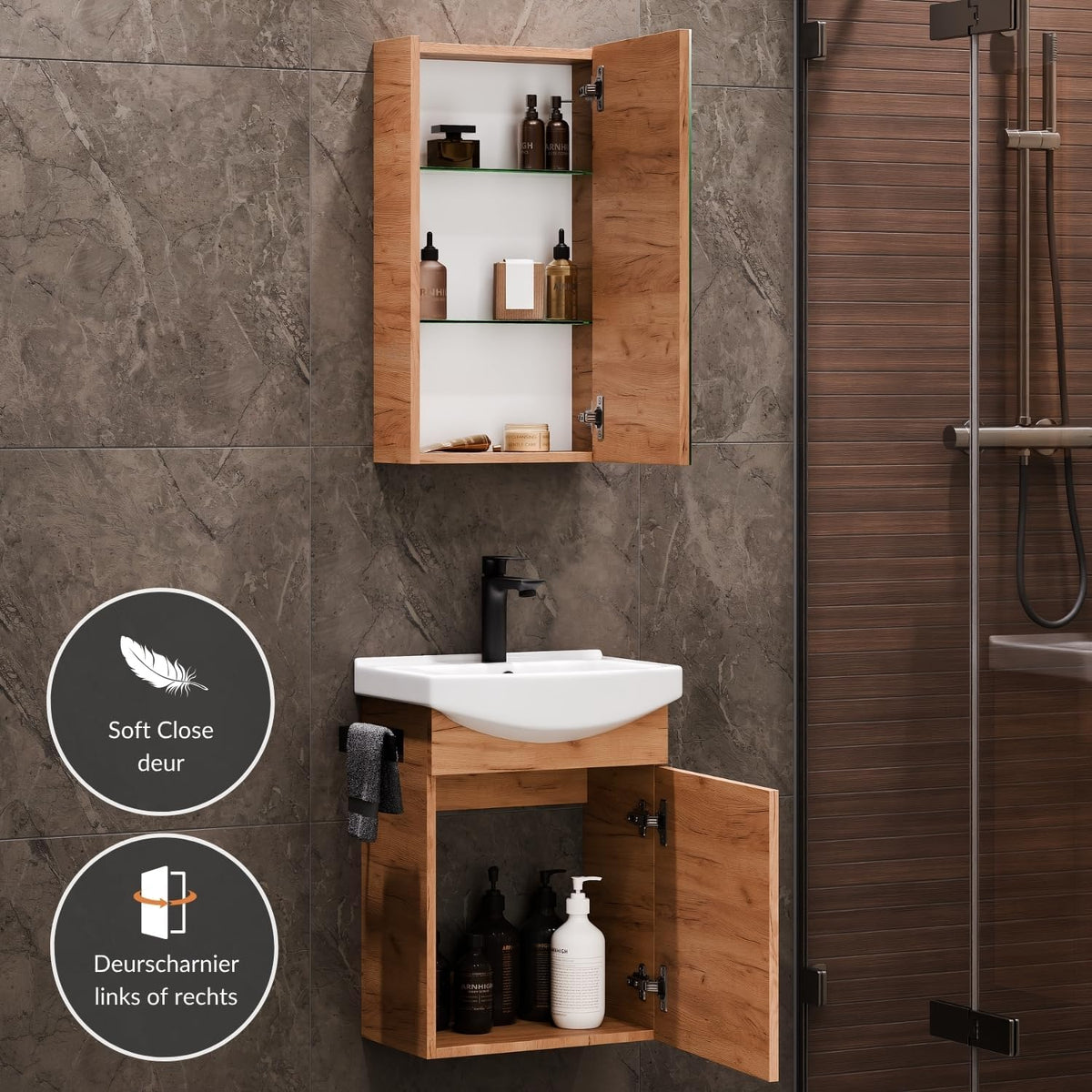 Planetmöbel bathroom cabinet set Washbasin with vanity unit 45 x 60 x 33 cm with mirror cabinet 40 cm for bathroom & guest toilet, gold oak - QUORE