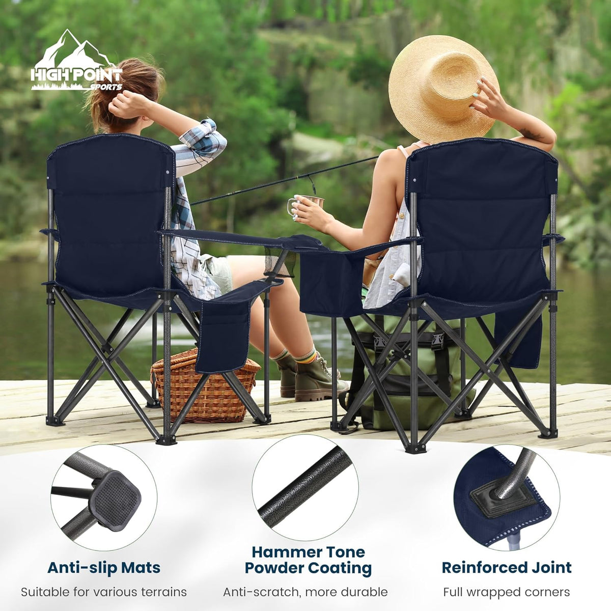 HIGH POINT SPORTS Klapstoel Camping Oversized Opvouwbare Campingstoel Maximale belasting: 200 kg met koeltas, armleuning, bekerhouder, gevoerd, draagbaar, blauw, 2 stuks
