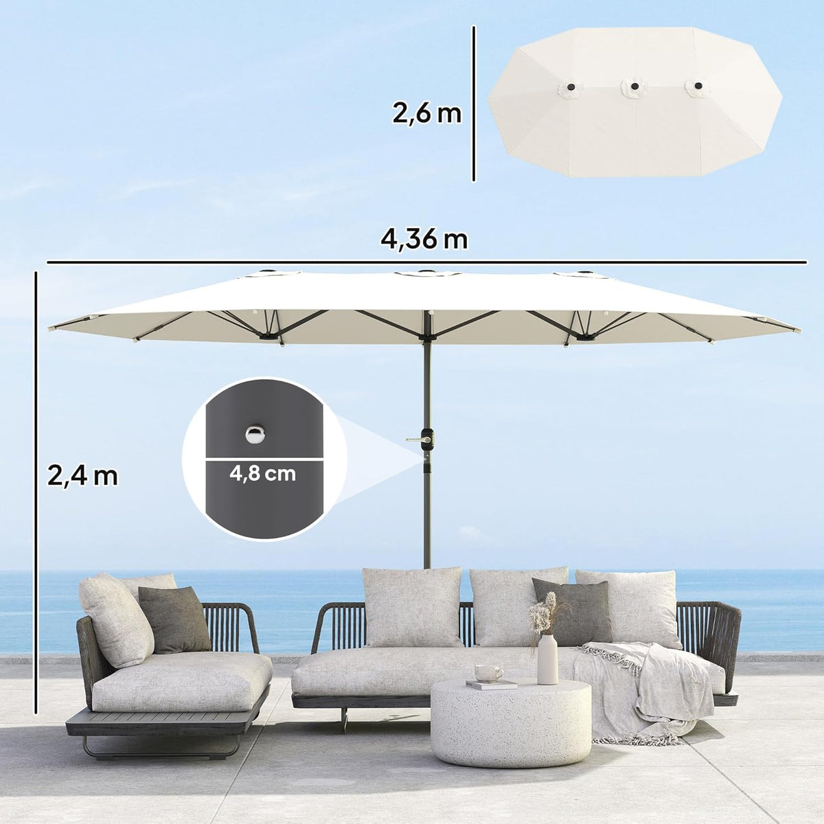 Outsunny Double Umbrella, 437 x 260 cm, UV Protection, Steel Parasol with Hand Crank, Oval Balcony Screen, Beach Screen, Windproof, Stable Market Umbrella, Crank Umbrella for Beach, Balcony,