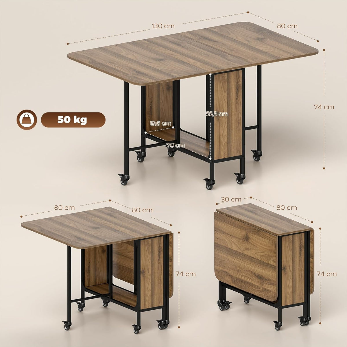 Inklapbare Eettafel – Uitklapbare Tafel – Opklapbare Keukentafel – Mobiele Eettafel – Uitbreidbare Tafel – Voor 6 Personen – Met Opbergruimte – Lichtbruin Melamine