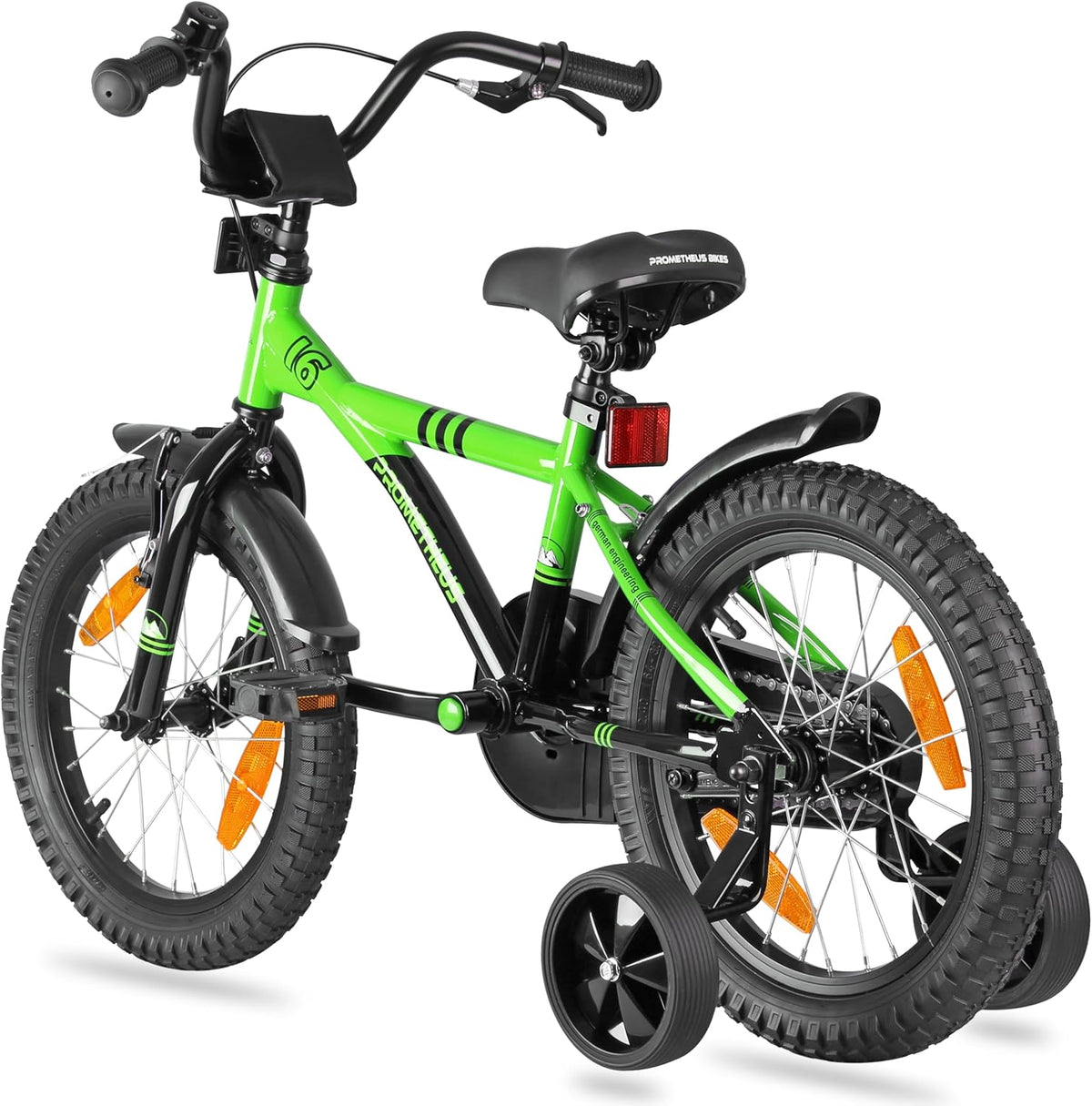 PROMETHEUS BICYCLES Kinderfiets, 16 inch, vanaf 5 jaar, voor meisjes en jongens, met zijwieltjes, achteruittraprem, groen en zwart