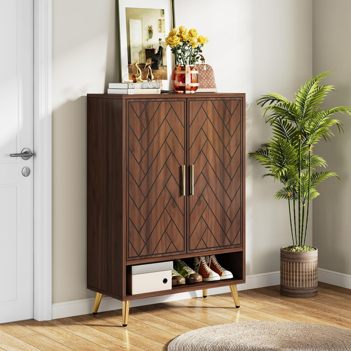 Tribesigns Shoe Cabinet with 2 Doors, 75 x 37 x 110 cm, Shoe Rack for 25 Pairs Shoes, Shoe Tipper Slim Wooden Shelf Organizer for Entrance, Hallway Closet, Living Room (Walnut)
