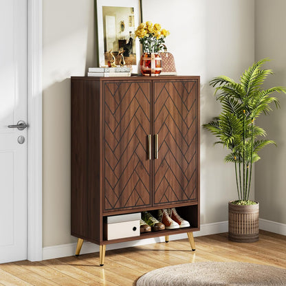 Tribesigns Shoe Cabinet with 2 Doors, 75 x 37 x 110 cm, Shoe Rack for 25 Pairs Shoes, Shoe Tipper Slim Wooden Shelf Organizer for Entrance, Hallway Closet, Living Room (Walnut)