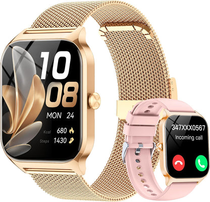 CASCHO Smartwatch voor dames, 1,85 inch smartwatch met bluetooth-oproepen/assistent, 120+ sportsmartwatch met stappenteller, slaap-/hartslagmeter, verguld en lichtroze