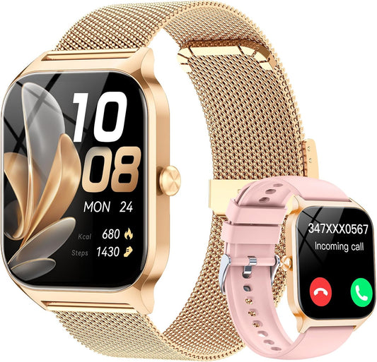 CASCHO Smartwatch voor dames, 1,85 inch smartwatch met bluetooth-oproepen/assistent, 120+ sportsmartwatch met stappenteller, slaap-/hartslagmeter, verguld en lichtroze